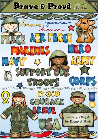 Support our troops and create a smile with our 'Brave & Proud' military clip art collection.