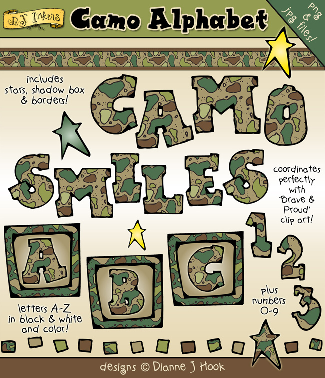 A fun clip art alphabet in camouflage by DJ Inkers