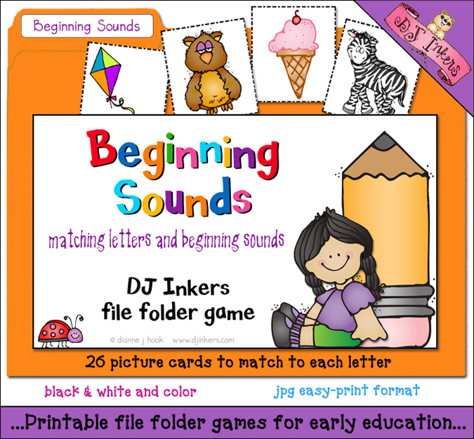 A printable file folder game to teach beginning sounds with darling DJ Inkers clip art