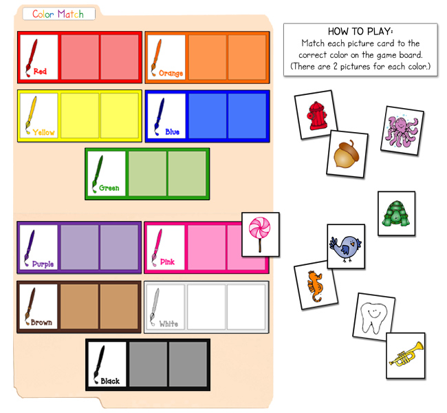 Teach color recognition with DJ Inker's fun printable file folder game