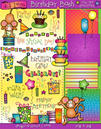 Playful monkey birthday & party fun clip art for kids and smiles by DJ Inkers