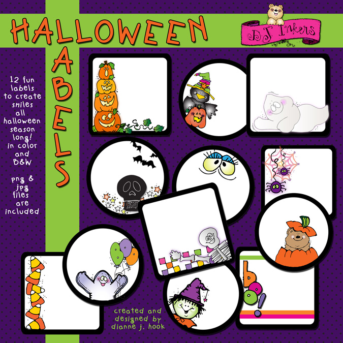 Printable Halloween labels, tags or buttons created with clipart by DJ Inkers