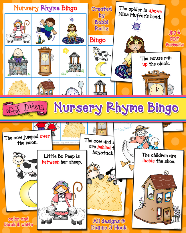 Adorable Nursery Rhyme Bingo activity for teaching positional words and prepositions in preschool, kindergarten, first grade & more - DJ Inkers