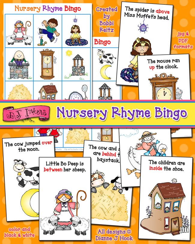 Nursery Rhyme Bingo - prepositions and positional word game for learning by DJ Inkers