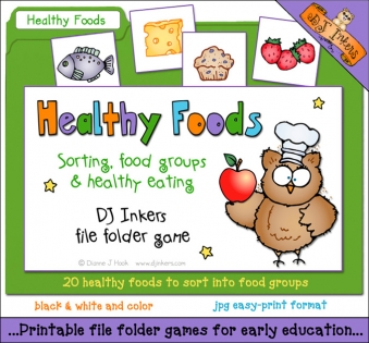 Teach kids about healthy foods and good choices with DJ Inkers printable file folder game