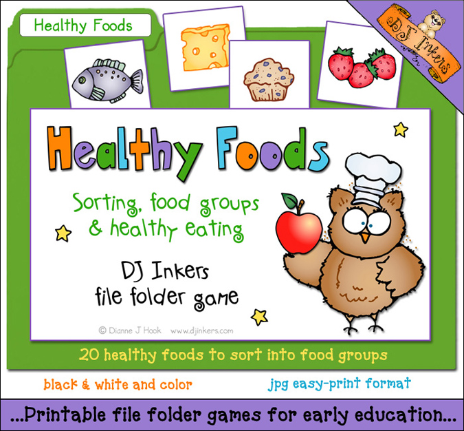 Healthy Foods printable file folder game for kids by DJ Inkers
