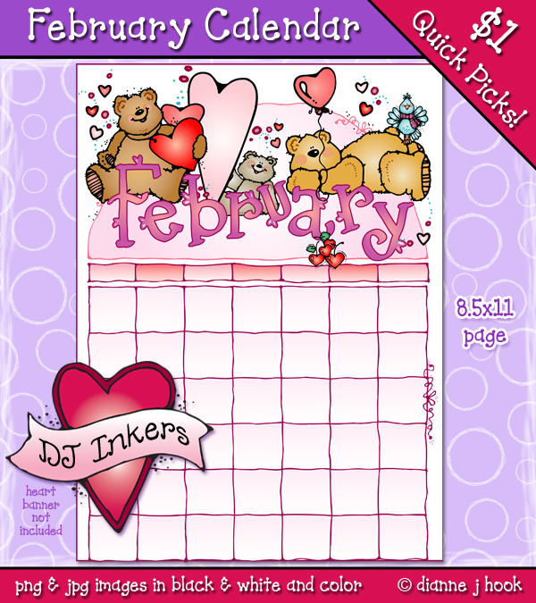 February Calendar clip art page by DJ Inkers