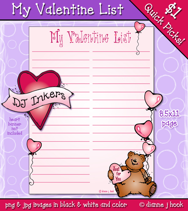 My Valentine List Printable Download