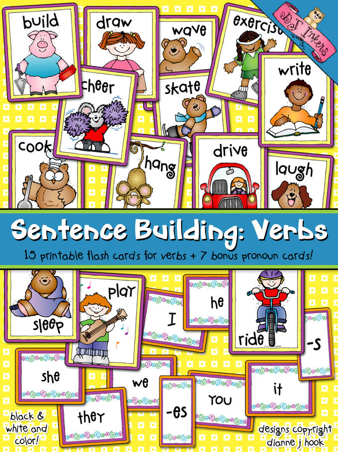 Verb flash cards for kids learning to read and write by DJ Inkers
