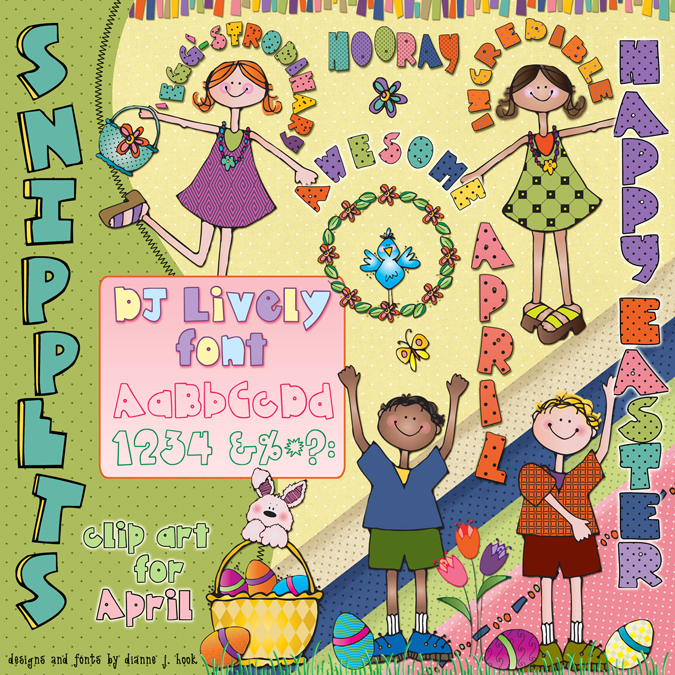 Spring Kids Clip Art Snippets, Font and Printables