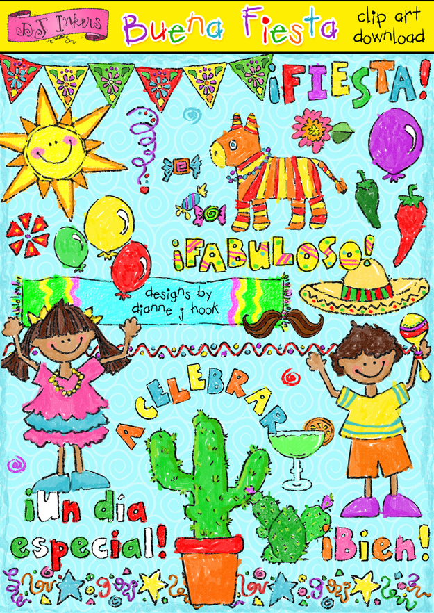 Crayon fiesta clip art for kids with Spanish sayings for Cinco de Mayo by DJ Inkers