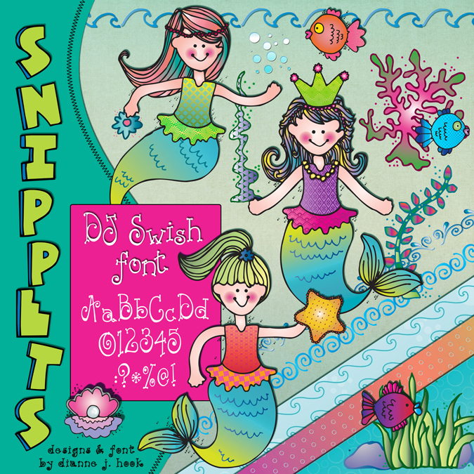Cute mermaid clip art, printables & a swirly font for under sea smiles by DJ Inkers