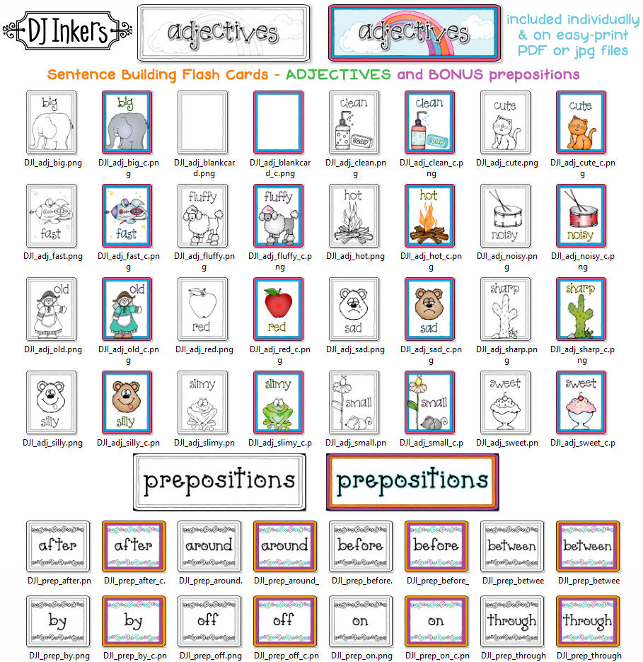 Adjectives Flash Cards - Sentence Building, Parts of Speech