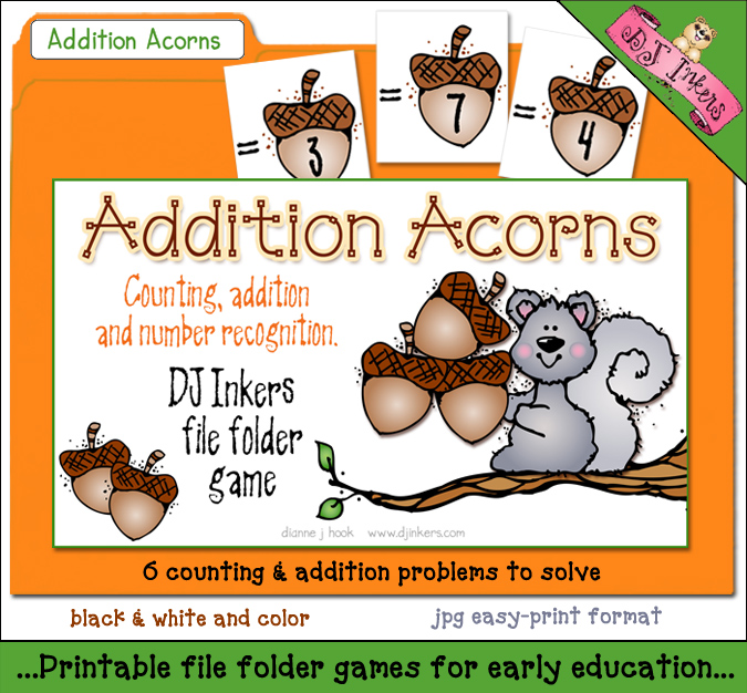 A printable file folder game for kids to practice addition with DJ Inkers clipart