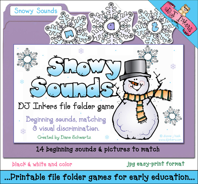 Beginning sounds winter file folder game with cute DJ Inkers clipart