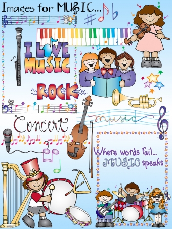 Cute kids clip art for music, band, choir, instruments and teachers by DJ Inkers