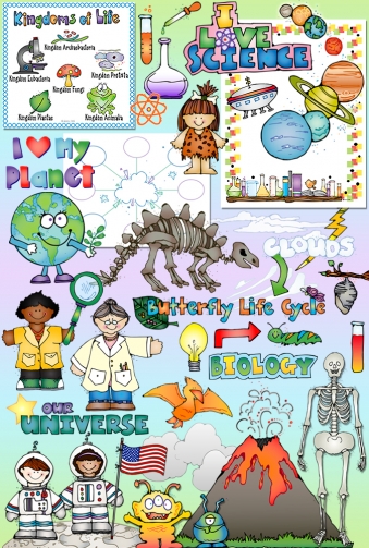 Cute science clip art for kids and teachers - space, dinosaurs, lab work, earth science and more