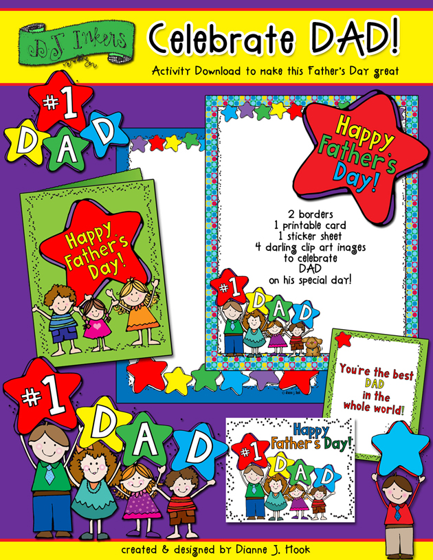Cute printable card, borders & kids clip art for Father's Day and your #1 dad by DJ Inkers