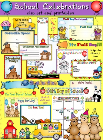 School Celebrations clip art, printables and certificates for teachers by DJ Inkers