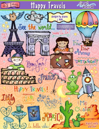 Cute kids clip art for summer vacation and happy travels by DJ Inkers
