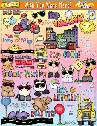 Cute road trip clip art and critters in sunglasses by DJ Inkers