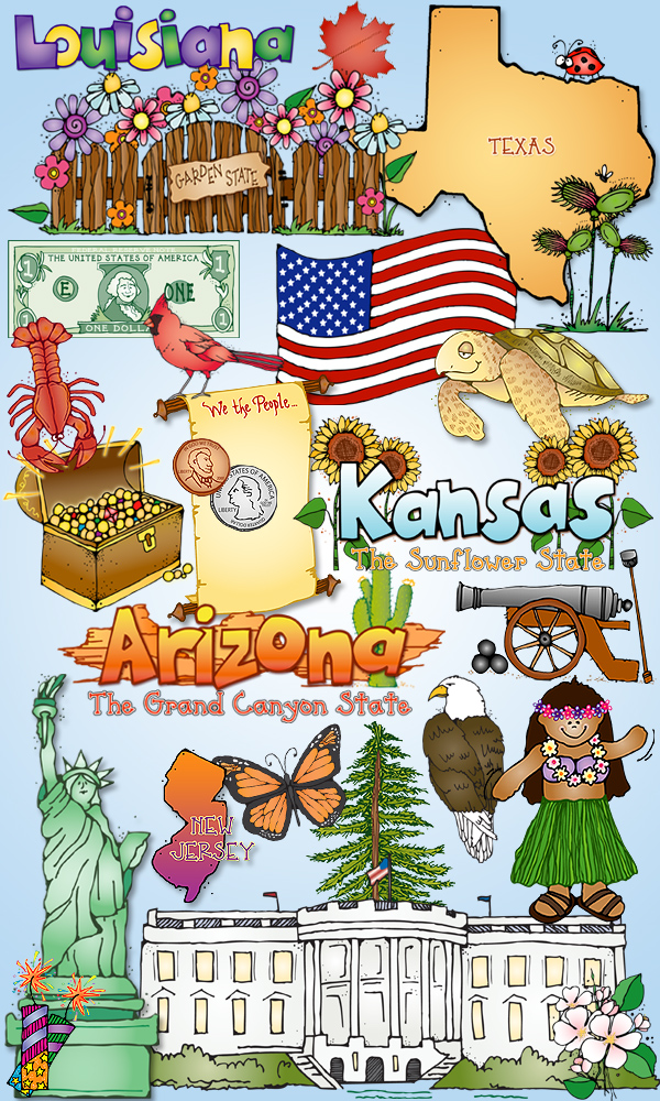 USA Clip Art Kid Doodles - 50 Nifty State Symbols Collection