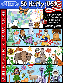 USA Clip Art Kid Doodles - 50 Nifty State Symbols Collection