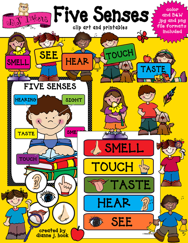 Fun kids clip art for teaching the 5 senses by DJ Inkers