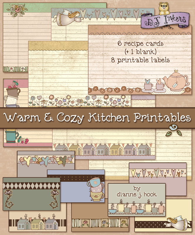 Warm and cozy printable recipe cards & kitchen labels made with DJ Inkers clip art