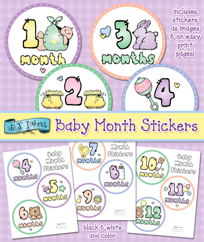 Cute printable baby month stickers made with DJ Inker's clipart