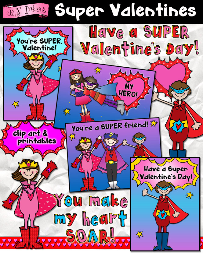 Superhero Valentine cards and clip art for kids by DJ Inkers