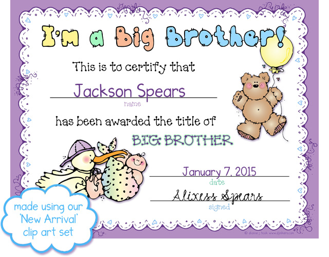 Big brother certificate with puffy, cloud font