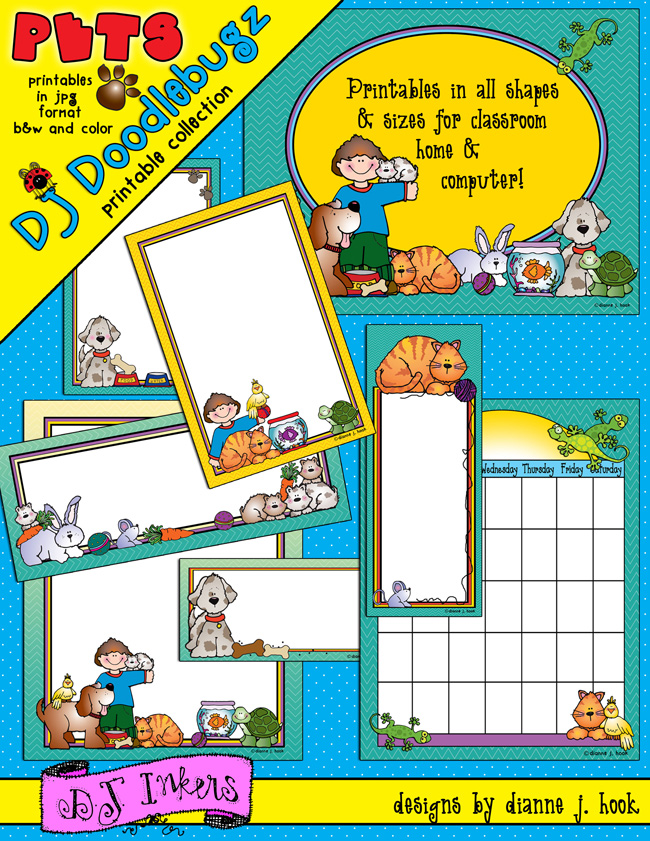 Cute clip art pet borders and printables for teachers and home by DJ Inkers