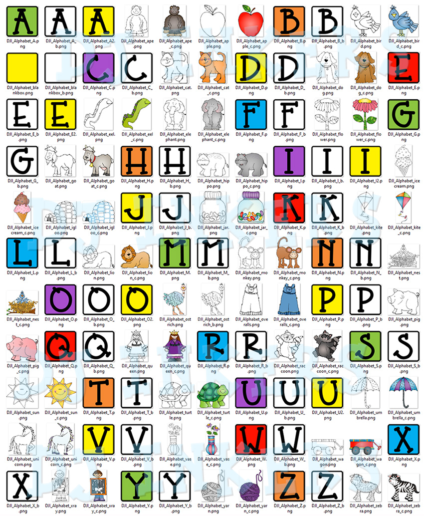 Cute alphabet clip art for teachers, preschool, kindergarten and learning by DJ Inkers