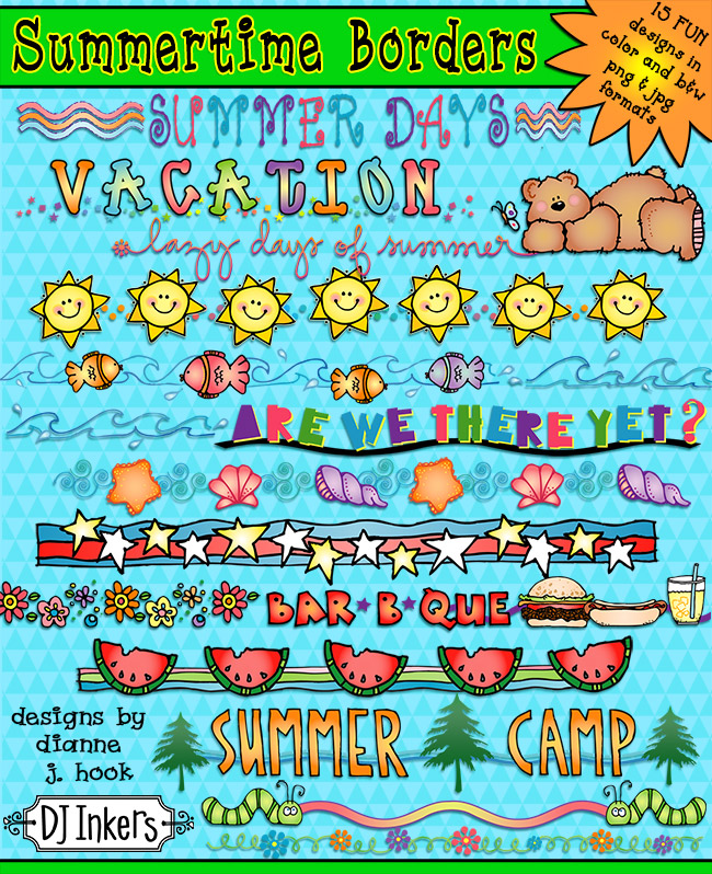 Cute clip art line borders for summer fun and digital crafting by DJ Inkers