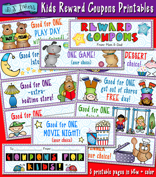 Printable coupons for rewarding kids good behavior, perfect for parents and teachers -DJ Inkers