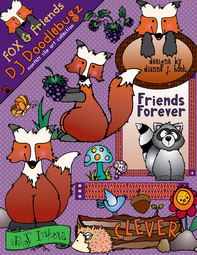 Cute fox clip art and woodland animal friends by DJ Inkers