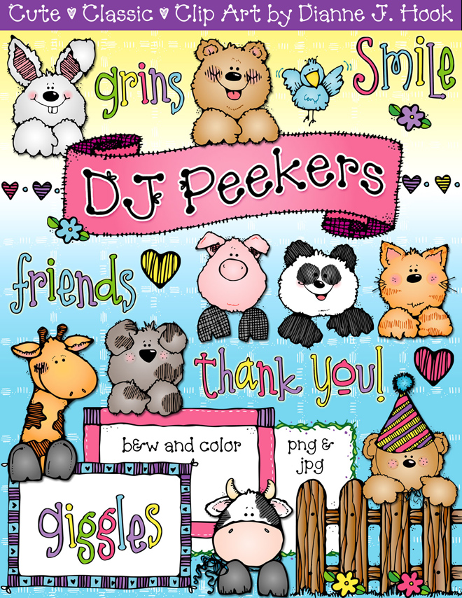 Cute DJ Inkers animal clip art for peeking over the top of borders, headlines and text.