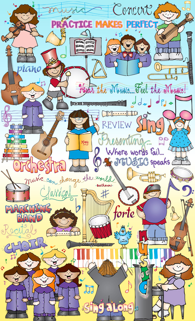 Cute music clip art for kids and classrooms with instruments, choirs, band class and sayings by DJ Inkers