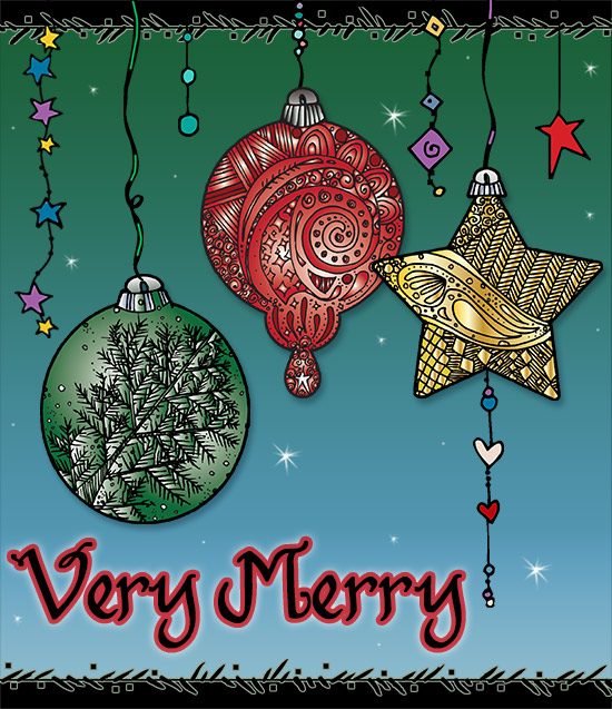 Very Merry Christmas card with zen doodled ornaments by DJ Inkers