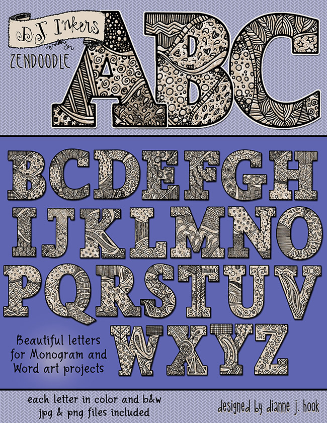 Beautiful Zen-Doodle (zentangle) monogram letters from A to Z by DJ Inkers