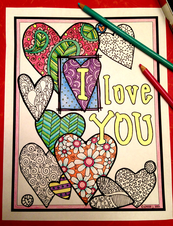 love you zen doodle heart coloring page by DJ Inkers