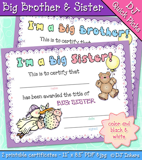 Big Brother or Sister certificate for a new baby in the family by DJ Inkers