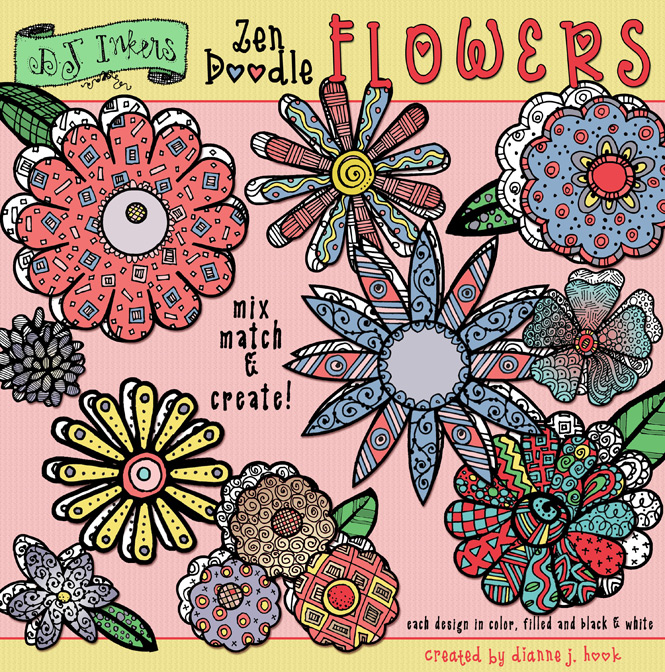 Zen-Doodle Flowers Clip Art for spring by DJ Inkers