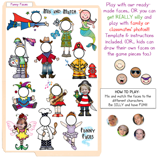 Mix and match the faces on this silly printable file folder game for kids by DJ Inkers