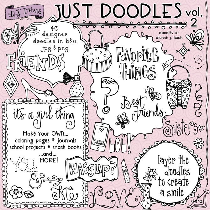 Cute, girly black & white doodles for crafting and journals by Dianne J Hook