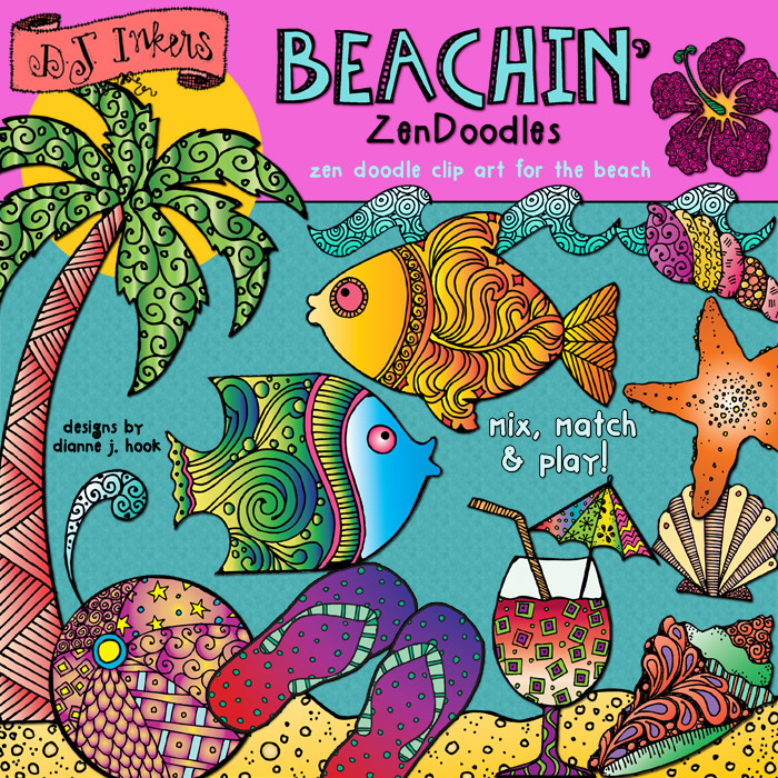 Cool zen-doodle clip art for the beach. summer fun or seaside smiles by DJ Inkers