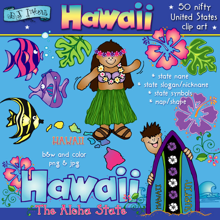 Tropical clip art and state symbols for Hawaii, the aloha state, by DJ Inkers