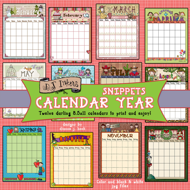 Cute printable calendars full of clip art Snippets by DJ Inkers