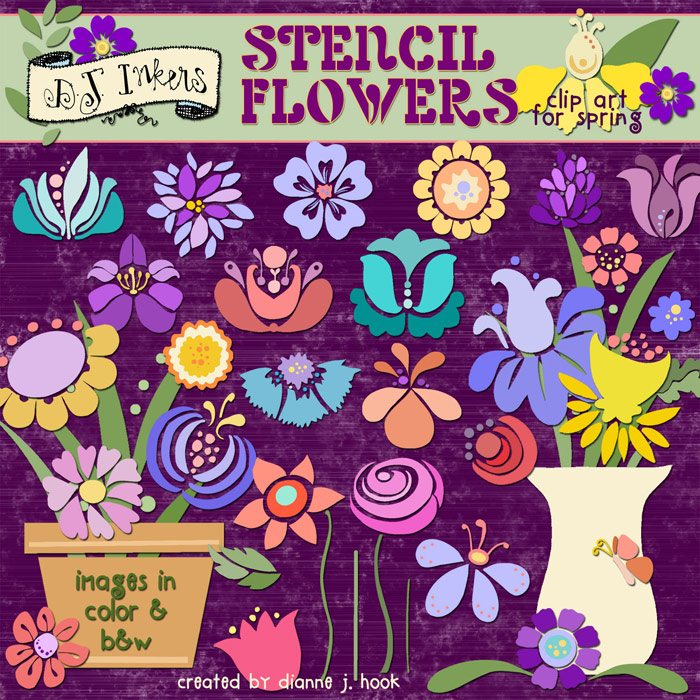 Fresh clip art flowers, leaves, stems and stencil style smiles for spring.